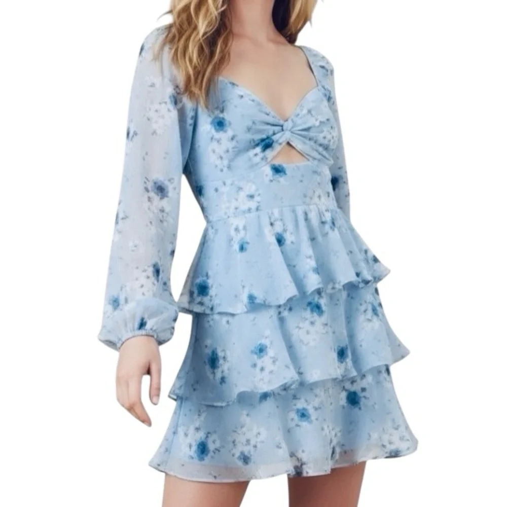Altar'd State Blue Floral Long Sleeve Tiered Mini Dress Size Medium NWOT - Picture 5 of 5